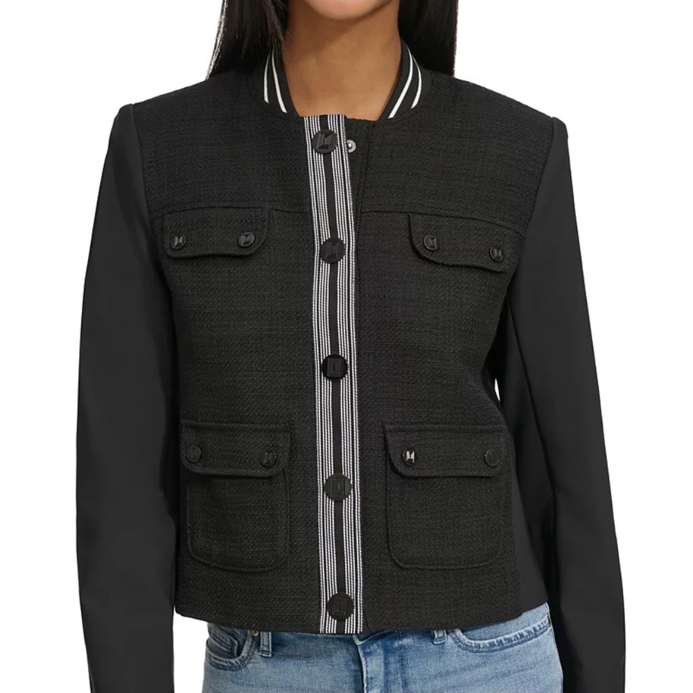 KARL LAGERFELD Petite Mixed-Media Bomber Jacket Size PL